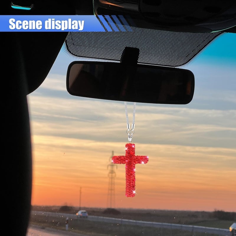 ZIMISI Bling Cross Car Hanging Ornament, Crystal Rhinestone Car Rearview Mirror Pendant for Women, Diamond Rear View Mirror Charm Present, Universal Vehicle Interior Decoration Accessory (Red) - Image 5